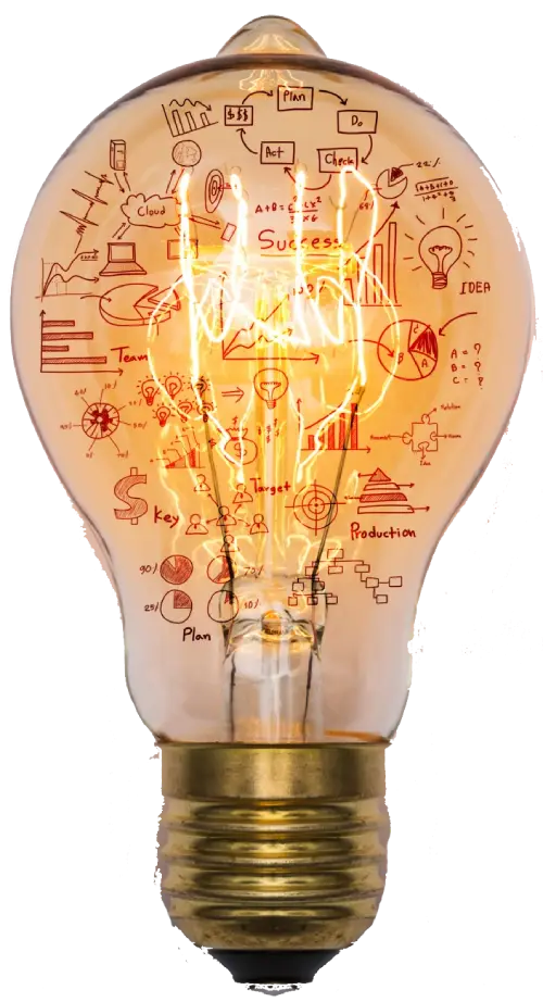 Lightbulb filled with business strategy sketches and marketing diagrams